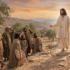 Jesus blesses eleven disciples during His ascension from the Mount of Olives, with olive trees, rocky hills, and sunset light in the background.