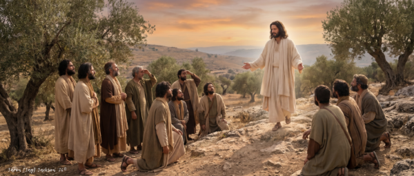 Jesus blesses eleven disciples during His ascension from the Mount of Olives, with olive trees, rocky hills, and sunset light in the background.