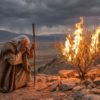 The Burning Bush and Moses Moses kneels on a rocky desert hillside holding a staff and covering his face before a burning bush under dark storm clouds.