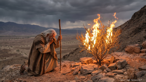 The Burning Bush and Moses Moses kneels on a rocky desert hillside holding a staff and covering his face before a burning bush under dark storm clouds.