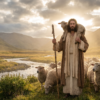 The Good Shepherd - copyrighted Robed shepherd holding a staff with a lamb on his shoulders, standing among sheep beside a stream in a sunlit mountain valley.