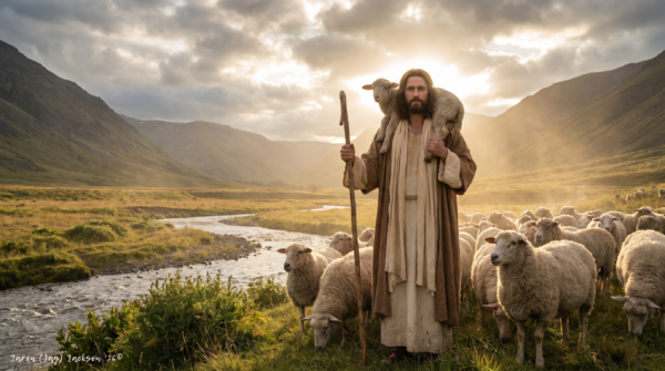 The Good Shepherd - copyrighted Robed shepherd holding a staff with a lamb on his shoulders, standing among sheep beside a stream in a sunlit mountain valley.
