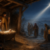 The Nativity Under the Star Mary and Joseph watch over the infant Jesus in a manger while shepherds and wise men approach under a bright star in a nighttime Bethlehem scene.