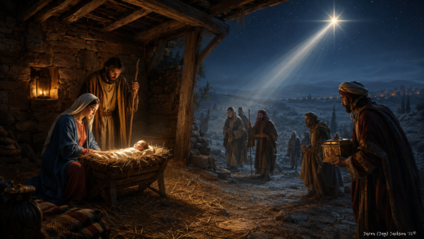 The Nativity Under the Star Mary and Joseph watch over the infant Jesus in a manger while shepherds and wise men approach under a bright star in a nighttime Bethlehem scene.