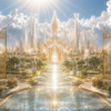 The New Jerusalem - Heavenly City - Tree of Life - Glowing beyond clouds, river of life, tree of life, luminous gates. Golden gates open toward a radiant heavenly city with crystal towers, a shining river, gardens, waterfalls, clouds, and sunlight overhead.