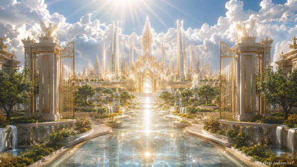 The New Jerusalem - Heavenly City - Tree of Life - Glowing beyond clouds, river of life, tree of life, luminous gates. Golden gates open toward a radiant heavenly city with crystal towers, a shining river, gardens, waterfalls, clouds, and sunlight overhead.