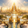 The New Jerusalem - Heavenly City - Tree of Life - Glowing beyond clouds, river of life, tree of life, luminous gates. Radiant golden heavenly city with crystal towers, flowing water, gardens, clouds, and sunlight shining from above.
