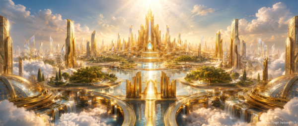 The New Jerusalem - Heavenly City - Tree of Life - Glowing beyond clouds, river of life, tree of life, luminous gates. Radiant golden heavenly city with crystal towers, flowing water, gardens, clouds, and sunlight shining from above.