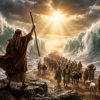 The Parting of the Red Sea - FINAL - copyrighted Moses holds a staff as the Red Sea parts and people walk through between towering walls of water.