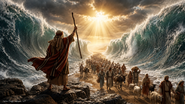 The Parting of the Red Sea - FINAL - copyrighted Moses holds a staff as the Red Sea parts and people walk through between towering walls of water.