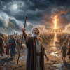 Moses leads Israelite families, livestock, and covered wagons through the parted Red Sea between towering walls of water, with a pillar of fire behind them.