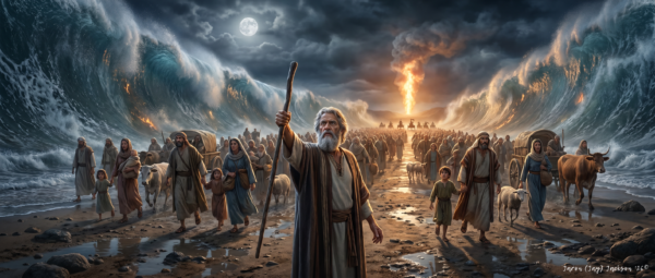 Moses leads Israelite families, livestock, and covered wagons through the parted Red Sea between towering walls of water, with a pillar of fire behind them.