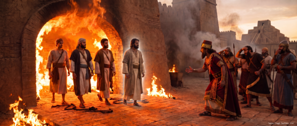 Shadrach, Meshach, and Abed-Nego emerge unharmed from a blazing furnace beside a fourth heavenly figure as King Nebuchadnezzar watches in astonishment.