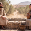 Jesus speaks with the Samaritan woman seated beside a stone well, holding a clay water jar in a sunlit rural setting.