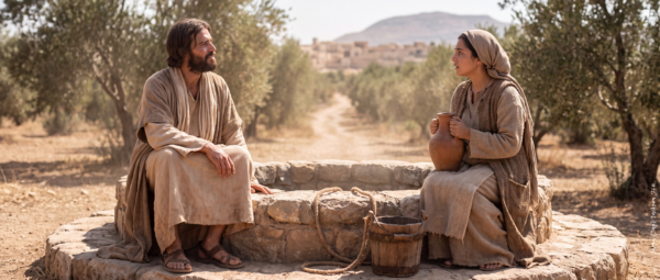 Jesus speaks with the Samaritan woman seated beside a stone well, holding a clay water jar in a sunlit rural setting.