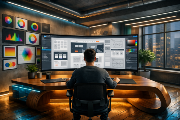 Person seated at a wooden desk using a large curved monitor to design website layouts in a modern studio with color charts on the wall.