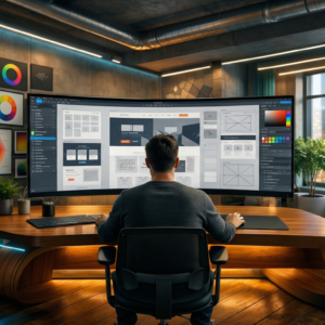 Person seated at a wooden desk using a large curved monitor to design website layouts in a modern studio with color charts on the wall.