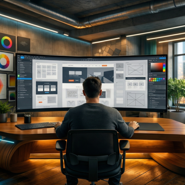 Person seated at a wooden desk using a large curved monitor to design website layouts in a modern studio with color charts on the wall.