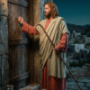Artistic depiction of Jesus holding a shepherd’s staff and knocking on a wooden door at night, inspi