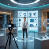 Presenter in a futuristic technology lab being filmed by a camera, surrounded by glowing displays of robotics, smart devices, drones, circuit boards, and AI hardware concepts.