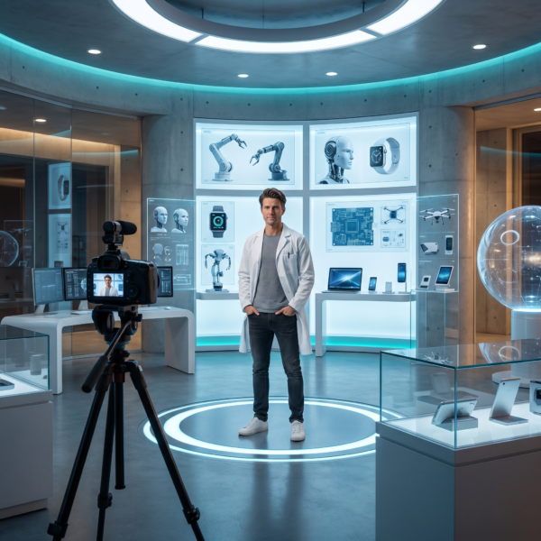Presenter in a futuristic technology lab being filmed by a camera, surrounded by glowing displays of robotics, smart devices, drones, circuit boards, and AI hardware concepts.