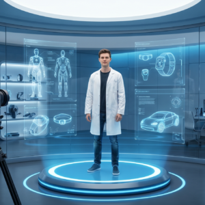 Presenter in a futuristic lab being filmed by a camera, standing on a glowing platform surrounded by holographic displays of robots, smart devices, vehicle concepts, and a sign reading “Future Labs Innovation.”