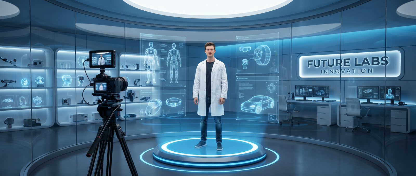 Presenter in a futuristic lab being filmed by a camera, standing on a glowing platform surrounded by holographic displays of robots, smart devices, vehicle concepts, and a sign reading “Future Labs Innovation.”