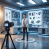 Presenter in a futuristic technology lab being filmed by a camera, surrounded by illuminated displays of robots, drones, smart devices, laptops, wearables, and circuit boards.
