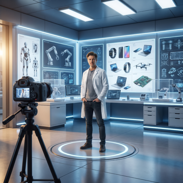 Presenter in a futuristic technology lab being filmed by a camera, surrounded by illuminated displays of robots, drones, smart devices, laptops, wearables, and circuit boards.