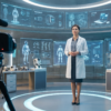 Presenter in a futuristic technology lab being filmed by a camera, surrounded by glowing displays labeled robots, wearables, laptop, and smart devices.