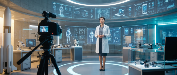 Presenter in a futuristic technology lab being filmed by a camera, surrounded by glowing displays labeled robots, wearables, laptop, and smart devices.