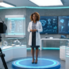 Presenter in a futuristic technology lab being filmed by a camera, surrounded by displays of AI systems, robots, smartwatches, laptops, and wearable devices.