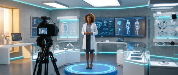 Presenter in a futuristic technology lab being filmed by a camera, surrounded by displays of AI systems, robots, smartwatches, laptops, and wearable devices.
