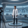 Presenter in a futuristic circular technology lab being filmed by a camera, surrounded by glowing displays of robots, drones, robotic arms, laptops, and wearable devices.