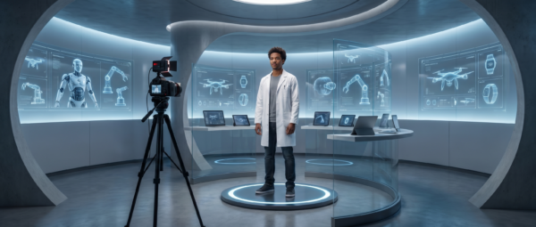 Presenter in a futuristic circular technology lab being filmed by a camera, surrounded by glowing displays of robots, drones, robotic arms, laptops, and wearable devices.