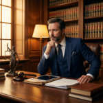 A suited legal professional seated at a wooden desk in a law library with documents, a tablet, legal books, a gavel, and a Lady Justice statue.