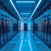 Symmetrical aisle of liquid-cooled server racks in a modern AI supercomputer data center, illuminated by cool blue lighting and amber status indicators.