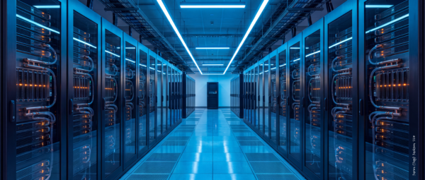 Symmetrical aisle of liquid-cooled server racks in a modern AI supercomputer data center, illuminated by cool blue lighting and amber status indicators.