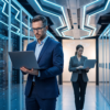 Two IT professionals using laptops inside a modern server room with illuminated data racks and blue architectural lighting.