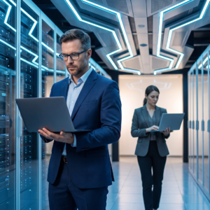 Two IT professionals using laptops inside a modern server room with illuminated data racks and blue architectural lighting.