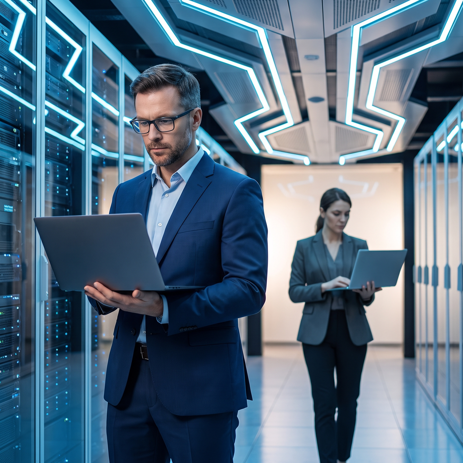 Two IT professionals using laptops inside a modern server room with illuminated data racks and blue architectural lighting.