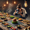 Female food photographer using a camera in a warm studio kitchen with a rustic table covered in styled dishes, burgers, sushi, salads, studio lights, and hanging bulbs.