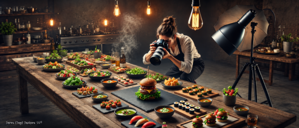 Female food photographer using a camera in a warm studio kitchen with a rustic table covered in styled dishes, burgers, sushi, salads, studio lights, and hanging bulbs.