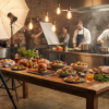 Food photographer using a camera on a tripod to capture a styled table of burgers, salads, bread, and drinks in a professional kitchen with chefs, studio lighting, and hanging bulbs.