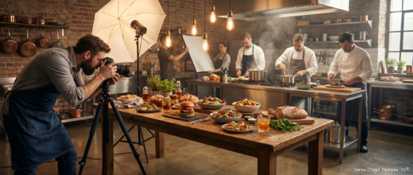 Food photographer using a camera on a tripod to capture a styled table of burgers, salads, bread, and drinks in a professional kitchen with chefs, studio lighting, and hanging bulbs.
