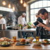 Food photographer using a camera on a tripod to capture a styled burger and dishes on a wooden table in a busy professional kitchen with chefs, studio lights, and hanging bulbs.
