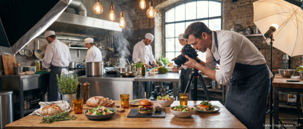 Food photographer using a camera on a tripod to capture a styled burger and dishes on a wooden table in a busy professional kitchen with chefs, studio lights, and hanging bulbs.