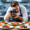 Chef photographer taking a close-up photo of plated salmon and colorful dishes in a professional kitchen.