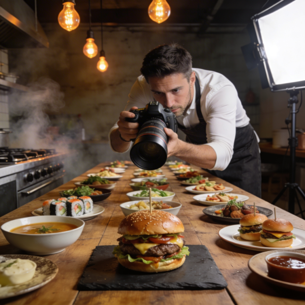 Male food photographer leaning over a rustic table of styled dishes, including a burger, sushi, soups, sliders, and salads, in a warm studio kitchen with hanging lights and a softbox.