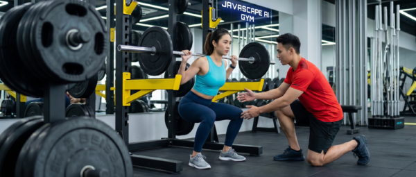 Coach guiding an athlete performing a barbell squat in a modern gym with weight plates, racks, and a JAVASCAPE AI Gym sign in the background.